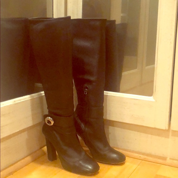 PRADA 4” Black Leather Designer Heel Buckle Boots - Picture 1 of 6